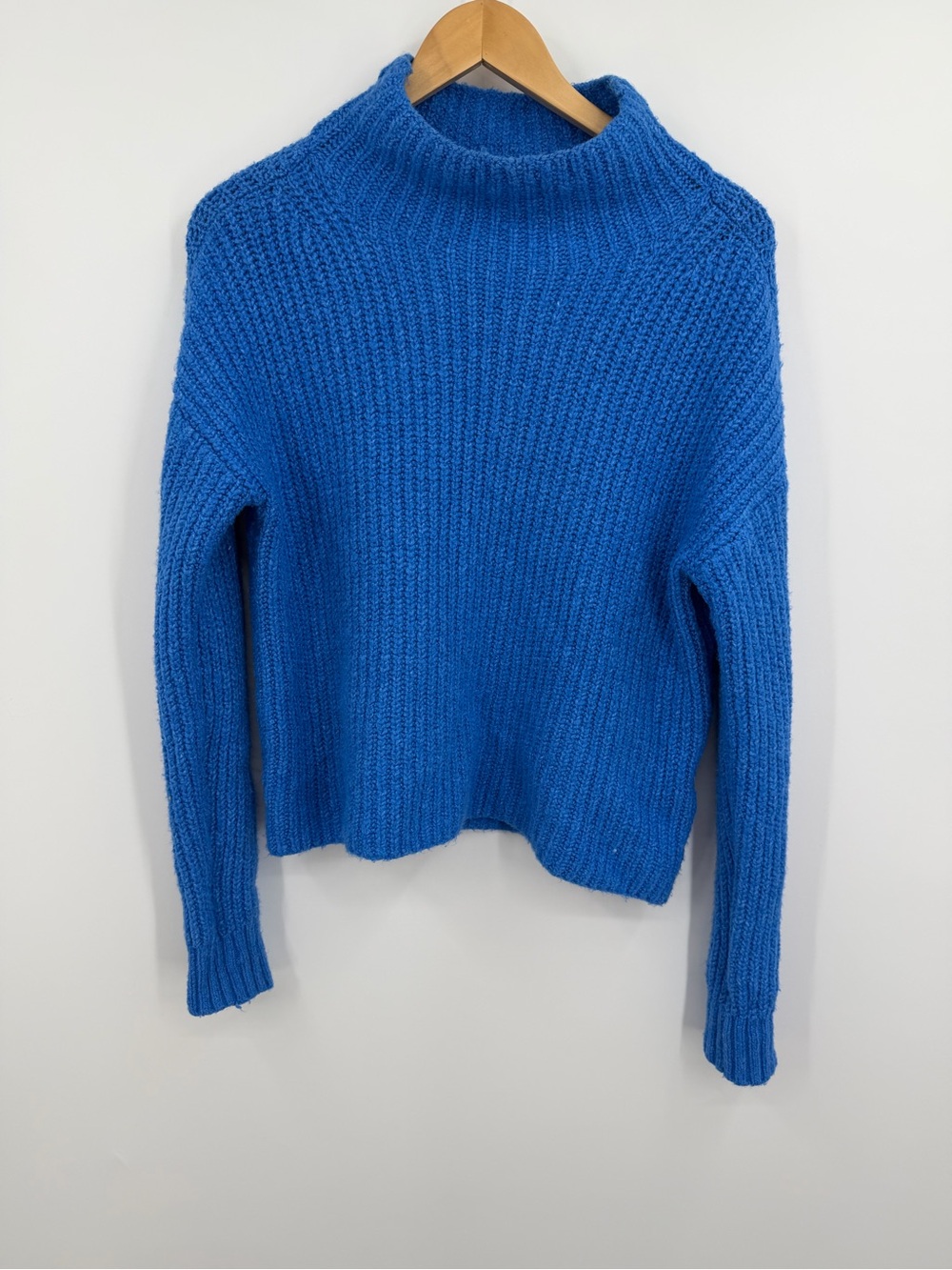 Anthropologie Chunky Knit Mock Neck Sweater Cobalt Blue Oversized XS
